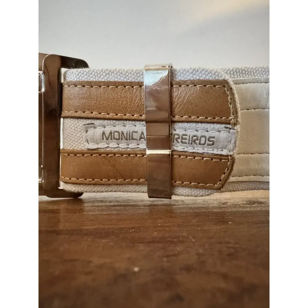 MONICA NEGREIROS Wide Belt White Canvas Tan Leather Silver Double Prong